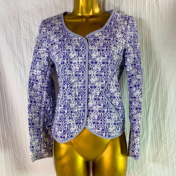 Zara Fitted Jacket Sz M Blue & White Zip Up piping  sweetheart Neck & Pockets - Picture 2 of 11